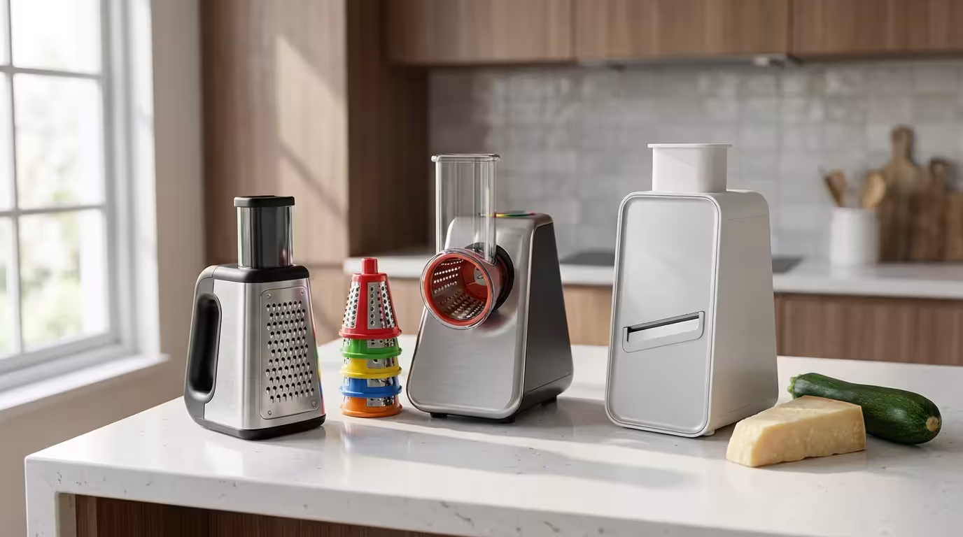 Three different styles of modern electric graters displayed on a clean kitchen countertop.