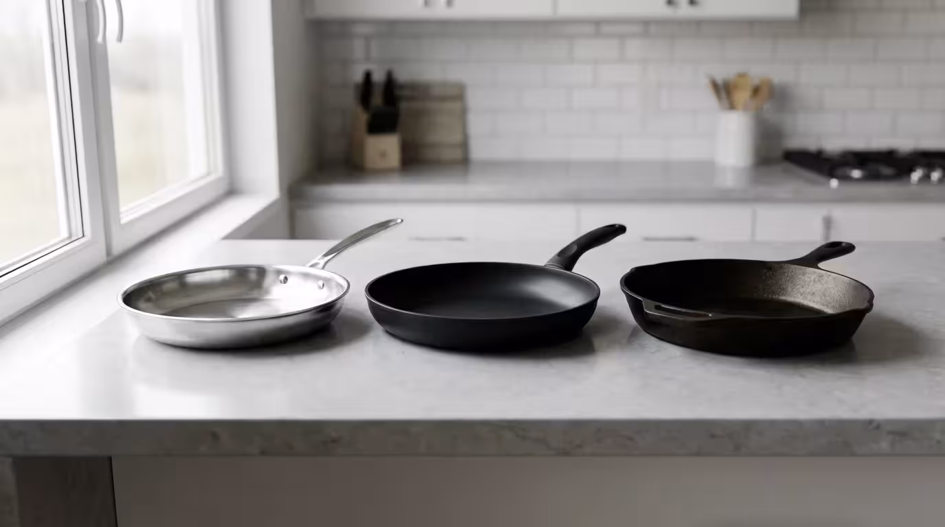 Three types of pans—stainless steel, non-stick, and cast iron—on a kitchen counter.