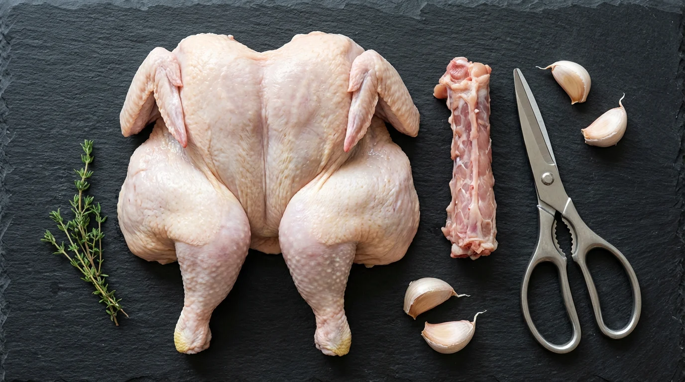 Top-down view of a spatchcocked chicken, removed backbone, and shears on a slate surface.