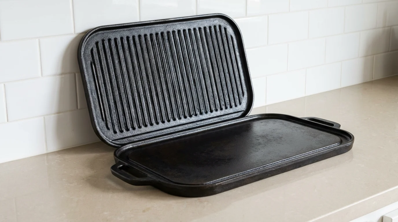 Two reversible cast-iron griddles showing both the flat and ridged cooking surfaces.