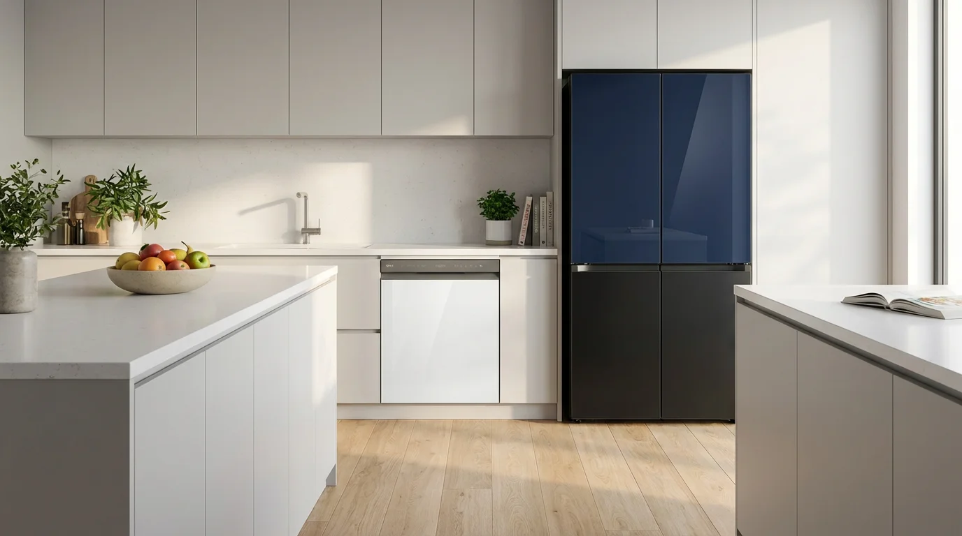 Wide environmental shot of a modern kitchen with navy, white, and black custom appliance panels.