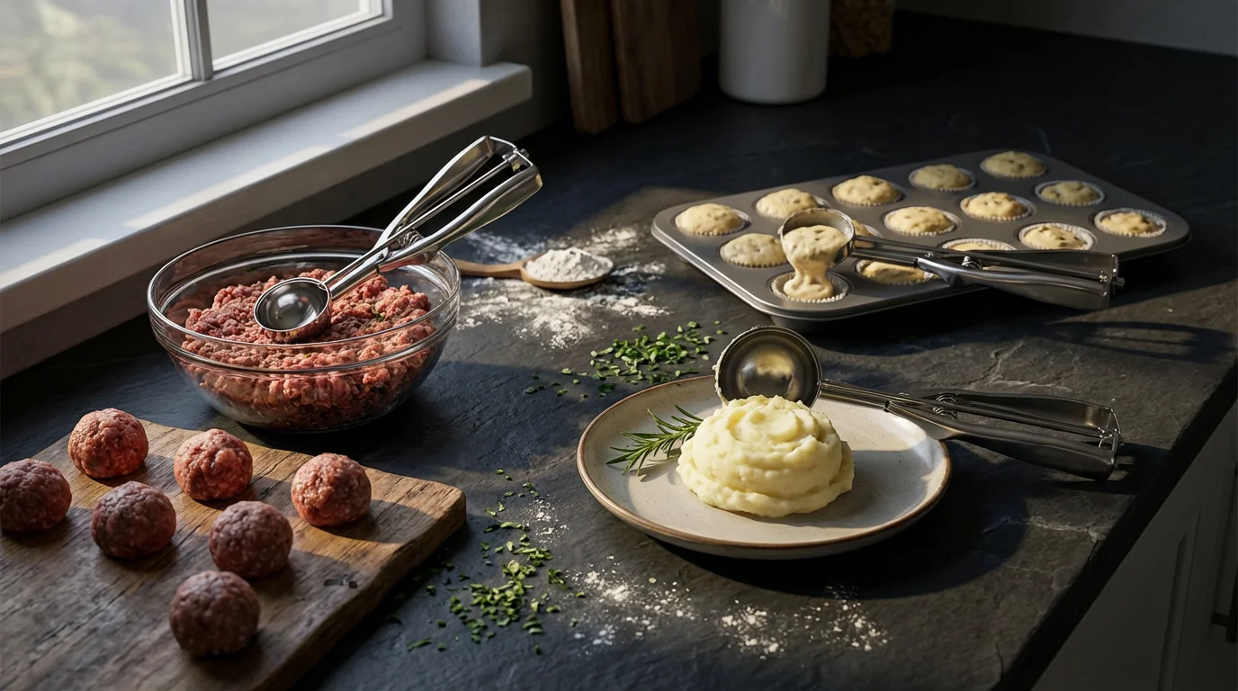Wide kitchen counter scene with scoops portioning meatballs, muffin batter, and mashed potatoes.