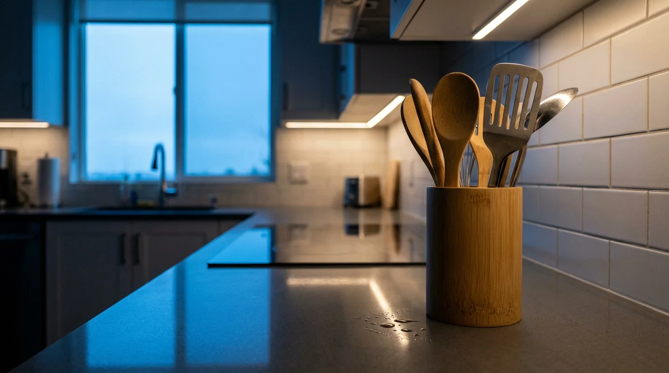 Wide shot of a modern kitchen with a bamboo utensil holder on the counter.
