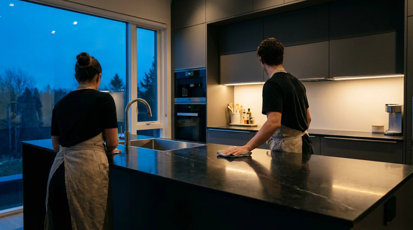 Wide shot of a person cleaning a modern kitchen island at dusk.