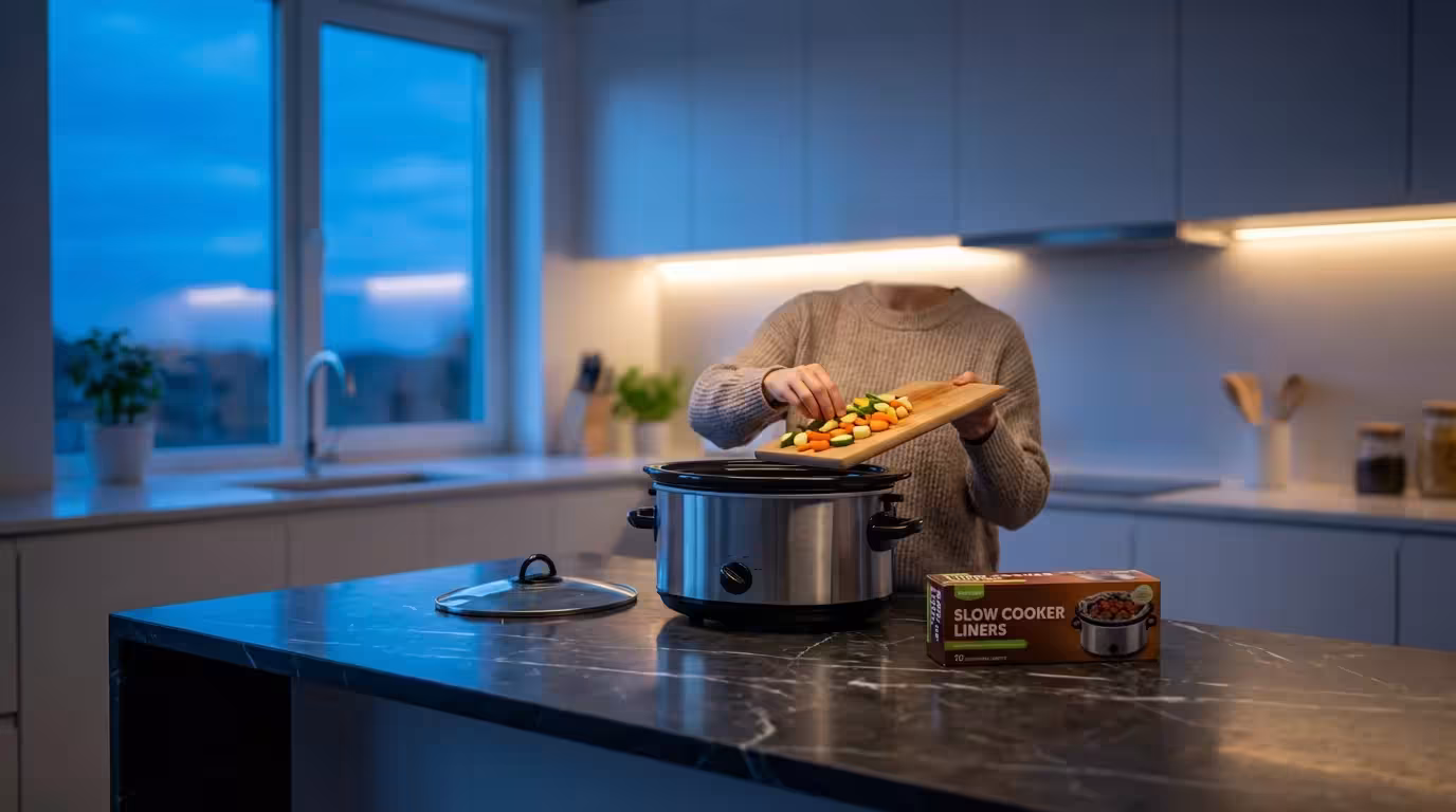Wide shot of a person preparing a meal in a slow cooker without a liner during evening.