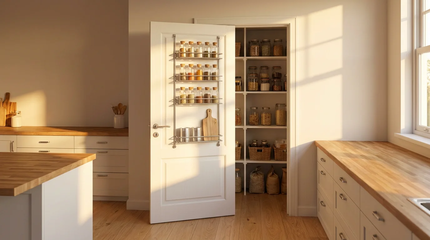 Wide shot of an organized pantry door rack in a modern, sunlit kitchen.