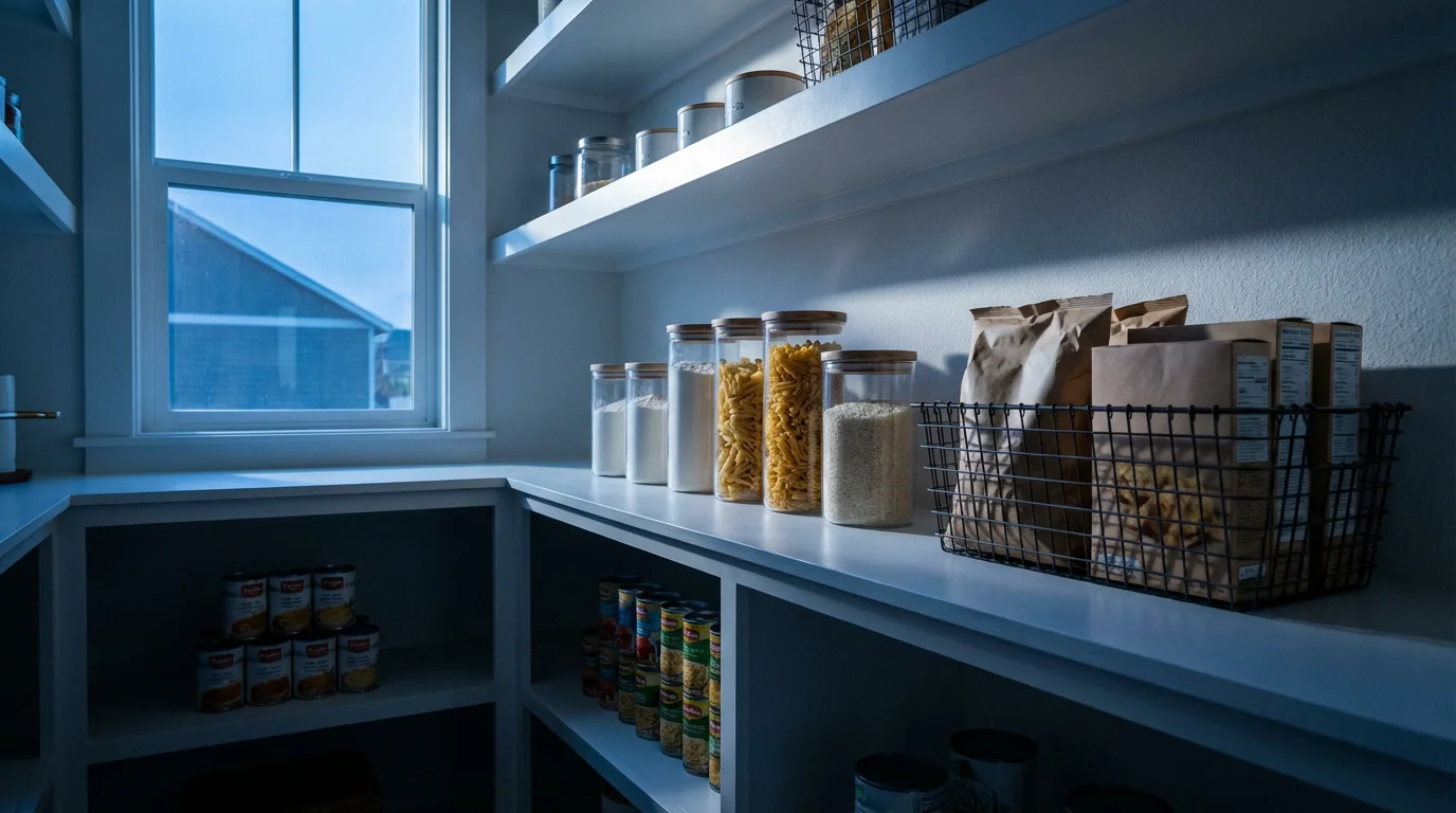 Wide view of a modern pantry shelf with decanted glass canisters and organized baskets.