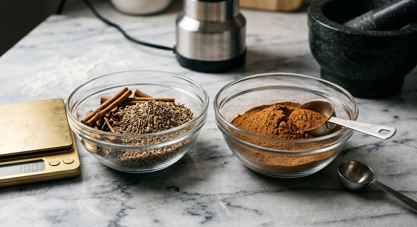 Bowls of whole cumin and cinnamon next to ground spices, a scale reading 100 grams, an electric mill, and a mortar.