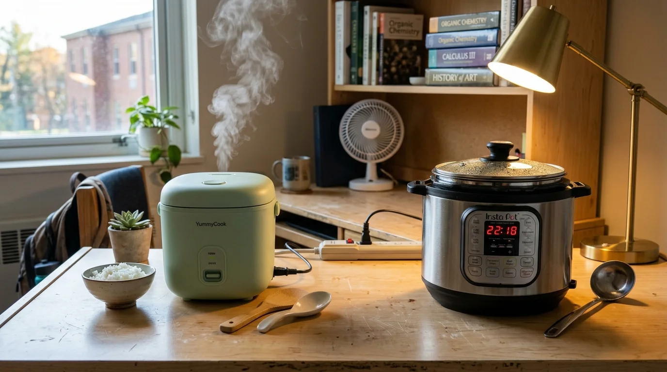 A small mint-green rice cooker steaming beside a stainless steel multi-cooker on a dorm desk next to a power strip.