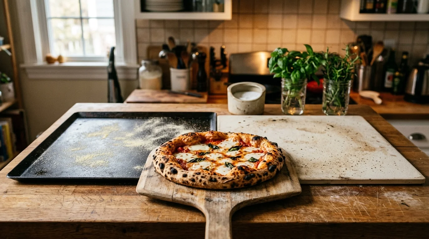 A baked pizza on a wooden peel resting between a dark baking steel and a light square pizza stone on a wooden counter.