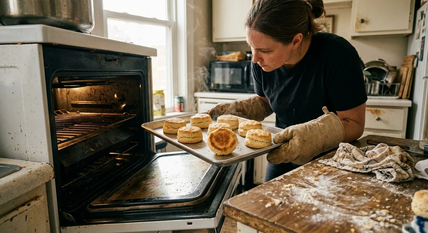 A woman in oven mitts holds a baking sheet of golden biscuits just pulled from an open, vintage white oven.