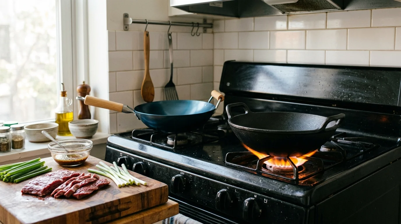 A cast iron mini wok over an open gas flame next to a blue carbon steel wok, sliced beef, and green onions on a stove.