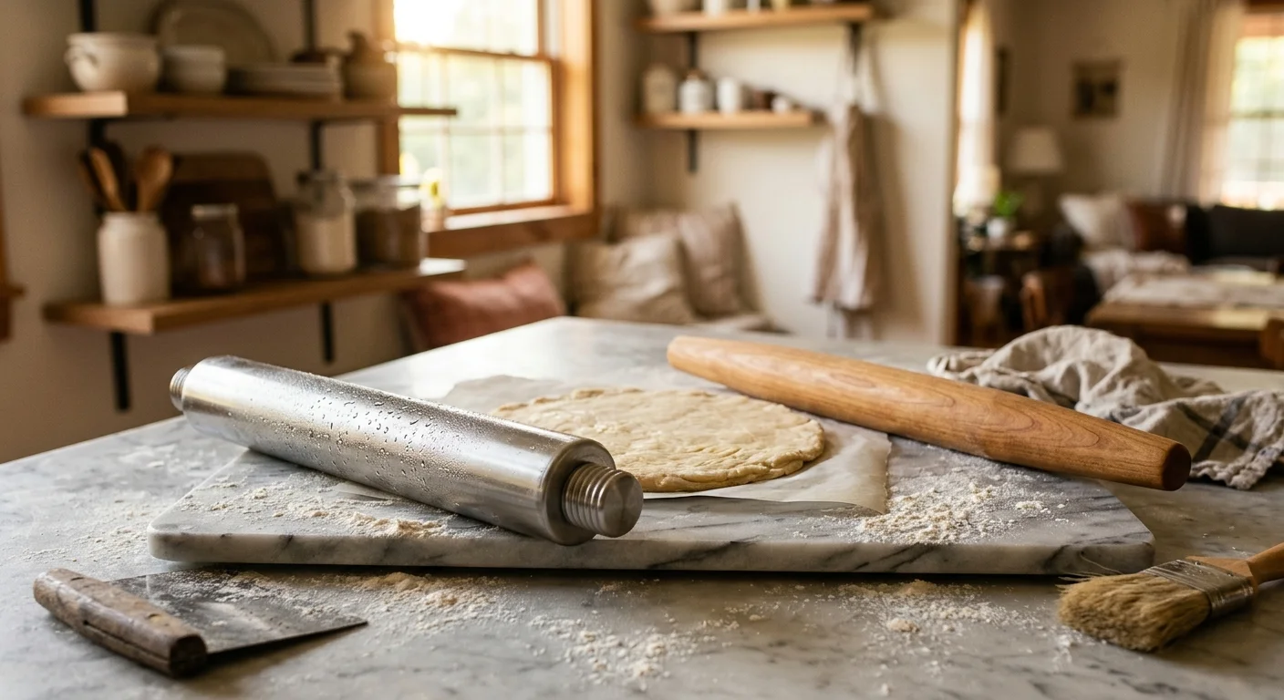 A condensation-covered metal rolling pin and a wooden dowel beside rolled pastry dough on a marble board.