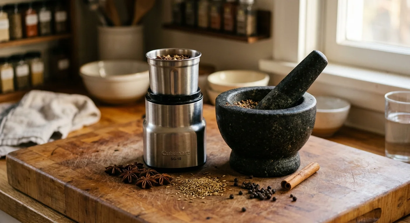 A stainless steel spice grinder next to a dark stone mortar and pestle with spices scattered on a wooden cutting board.