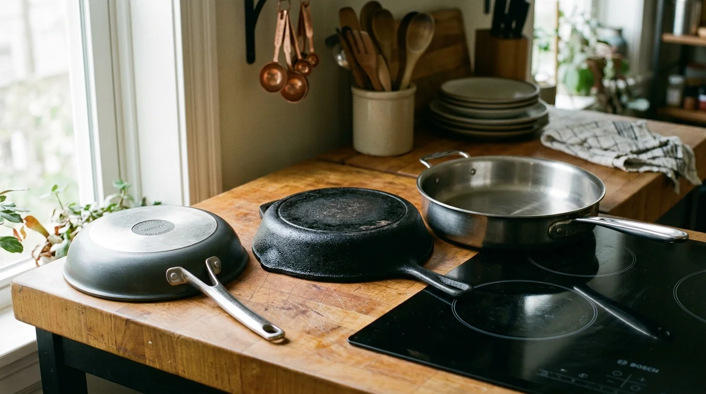 Three skillets, including non-stick, cast iron, and stainless steel, sit on a wooden counter beside an induction cooktop.