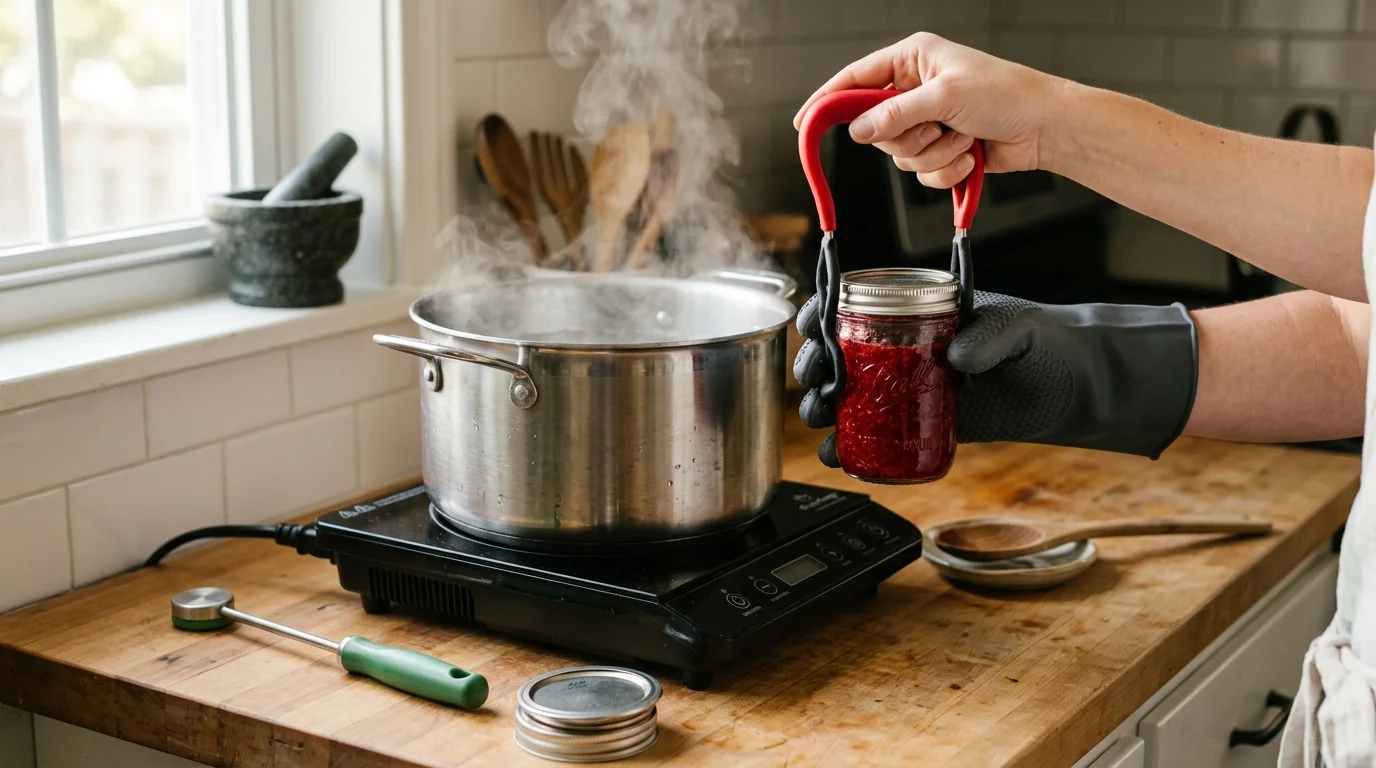 Person using a red jar lifter to hold a jam jar next to a steaming stockpot on an induction burner.
