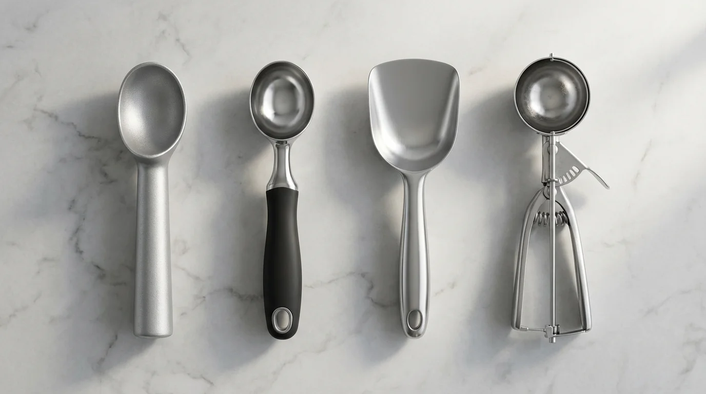 A flat lay of four different professional-quality ice cream scoops on a marble surface.