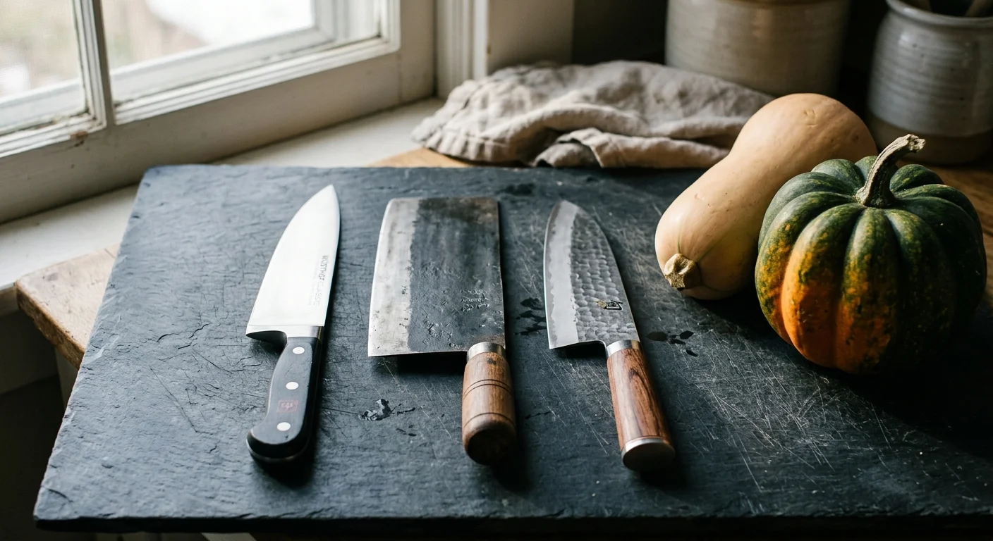 A German chef knife, Chinese vegetable cleaver, and heavy prep blade displayed alongside butternut and acorn squash.