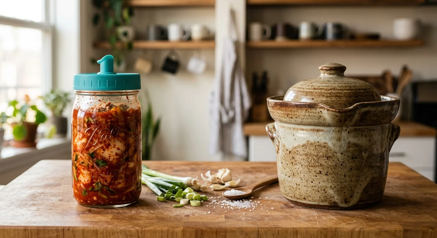 A glass jar of kimchi with a teal silicone lid sits beside a speckled ceramic fermentation crock on a wooden counter.