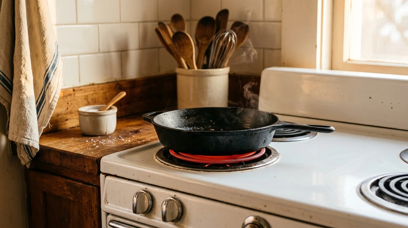 Black cast iron skillet smoking atop a glowing red electric coil burner on a white vintage stove.