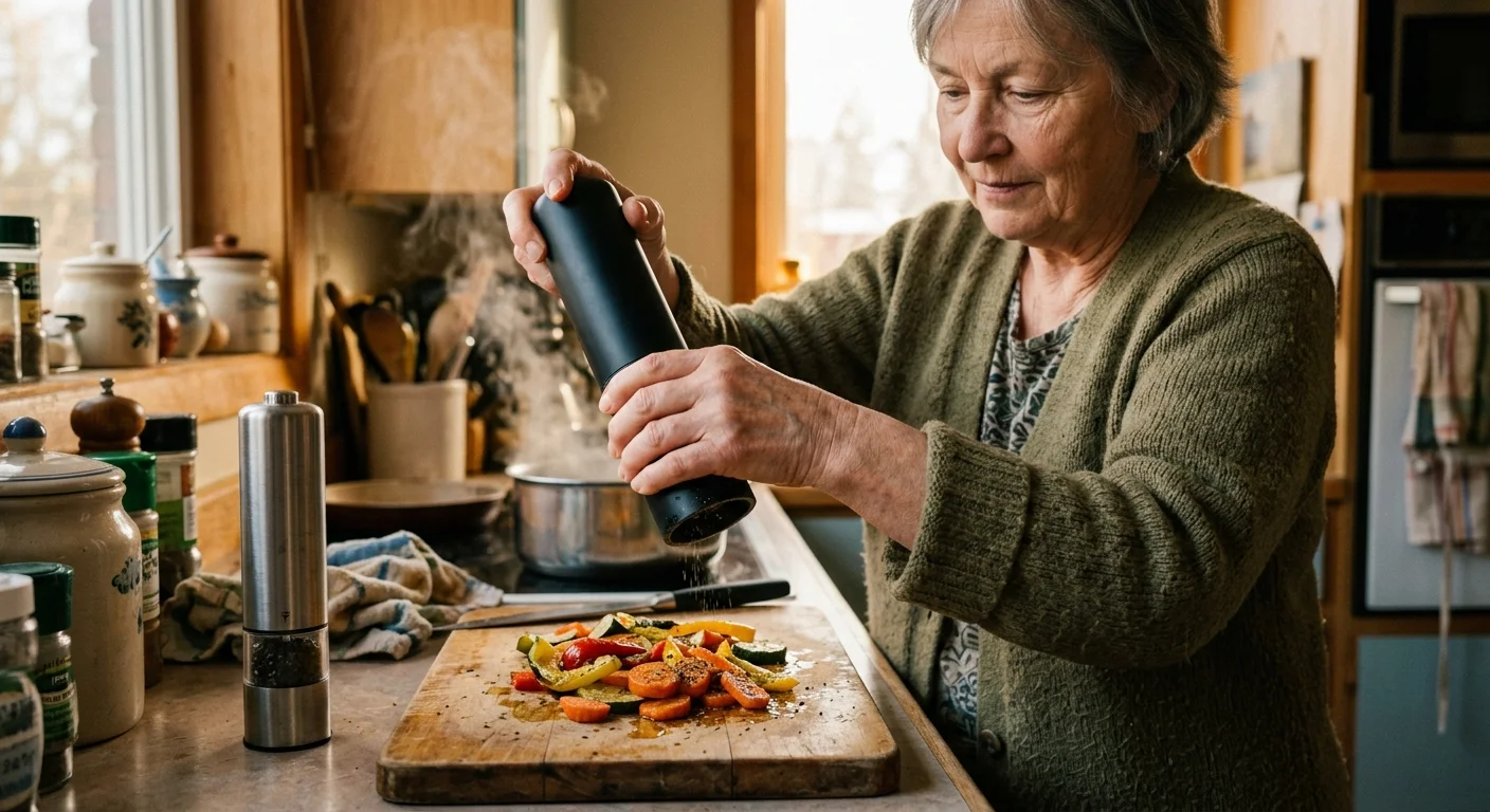 An older woman seasons sliced vegetables with a black electric grinder on a wooden cutting board in her kitchen.