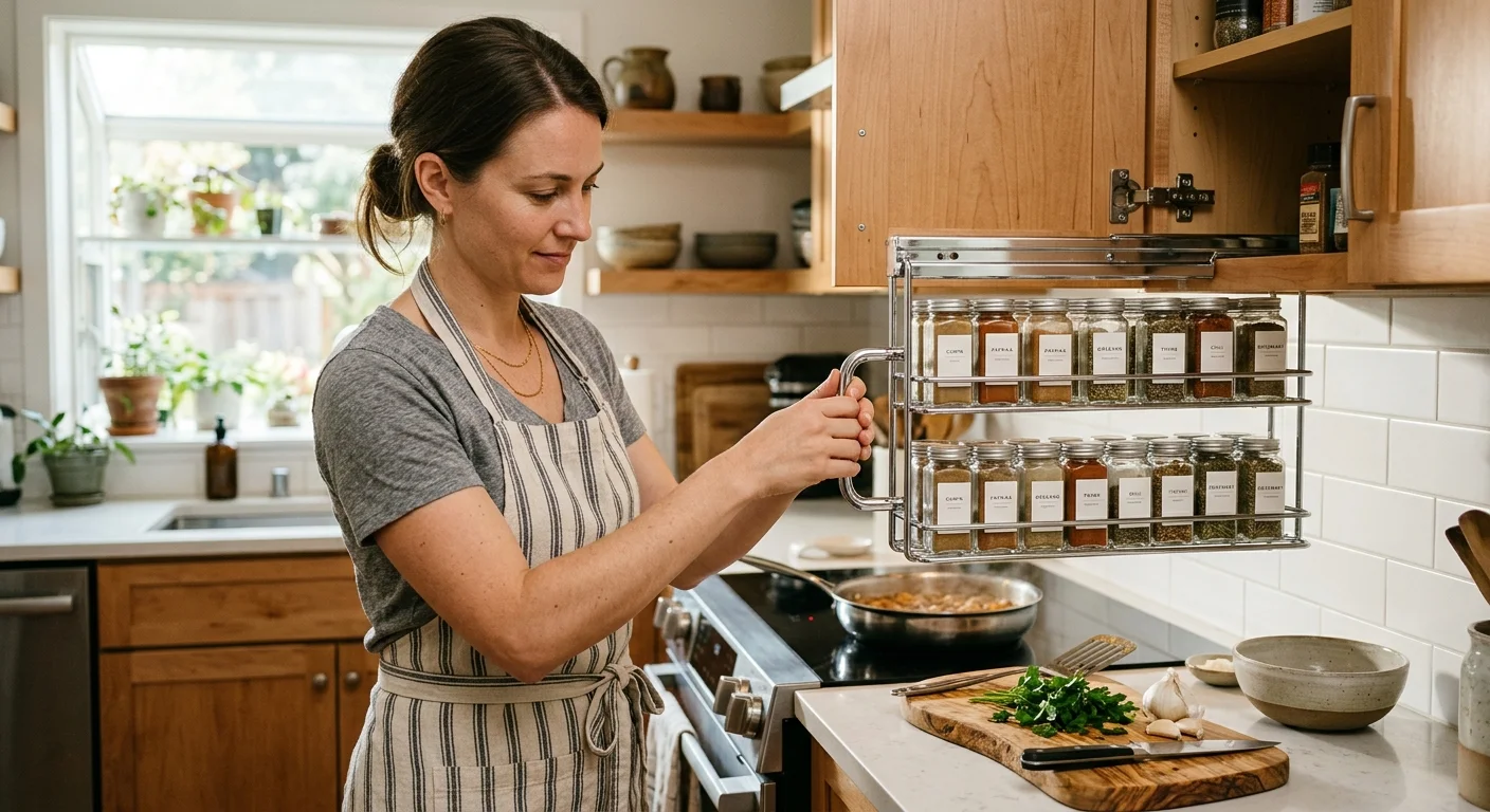A woman in an apron pulls down a two-tier spice rack installed inside an open wooden upper kitchen cabinet.