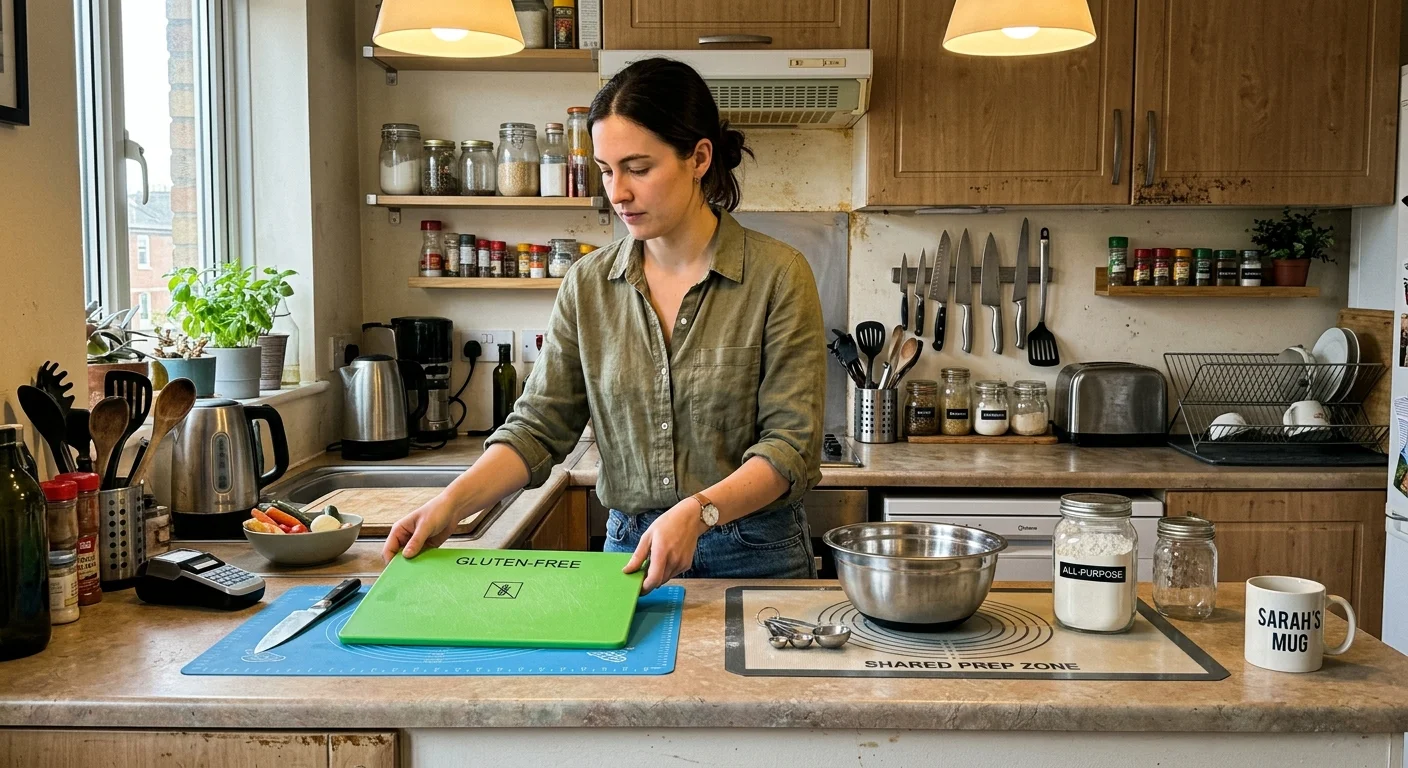 A woman places a green gluten-free cutting board on a counter next to a mixing bowl and flour jar.
