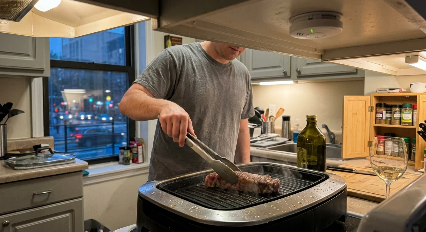 A person using tongs to cook a steak on an electric countertop grill beneath a ceiling-mounted smoke detector.