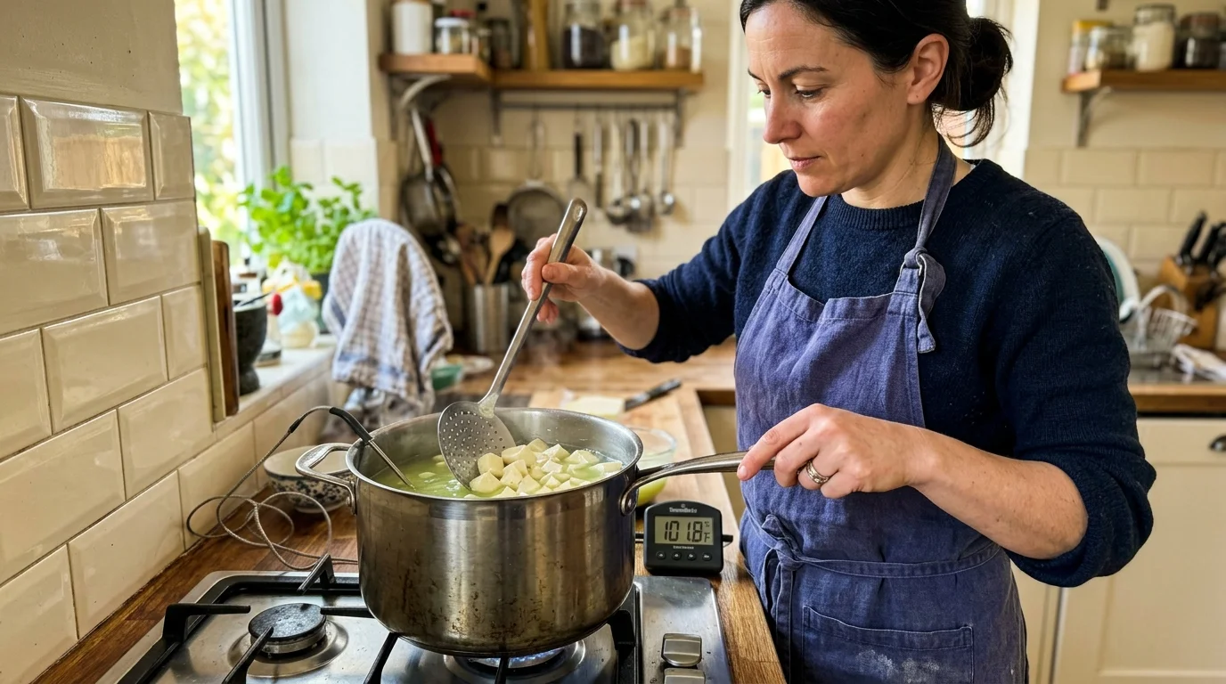 A woman in an apron stirs curds in a stockpot on a gas stove using a slotted spoon beside a digital probe thermometer.
