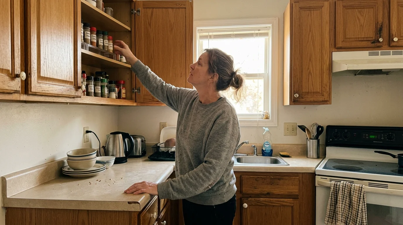 A woman reaches into an open upper oak cabinet above a kitchen counter to select a spice bottle from a tiered shelf.