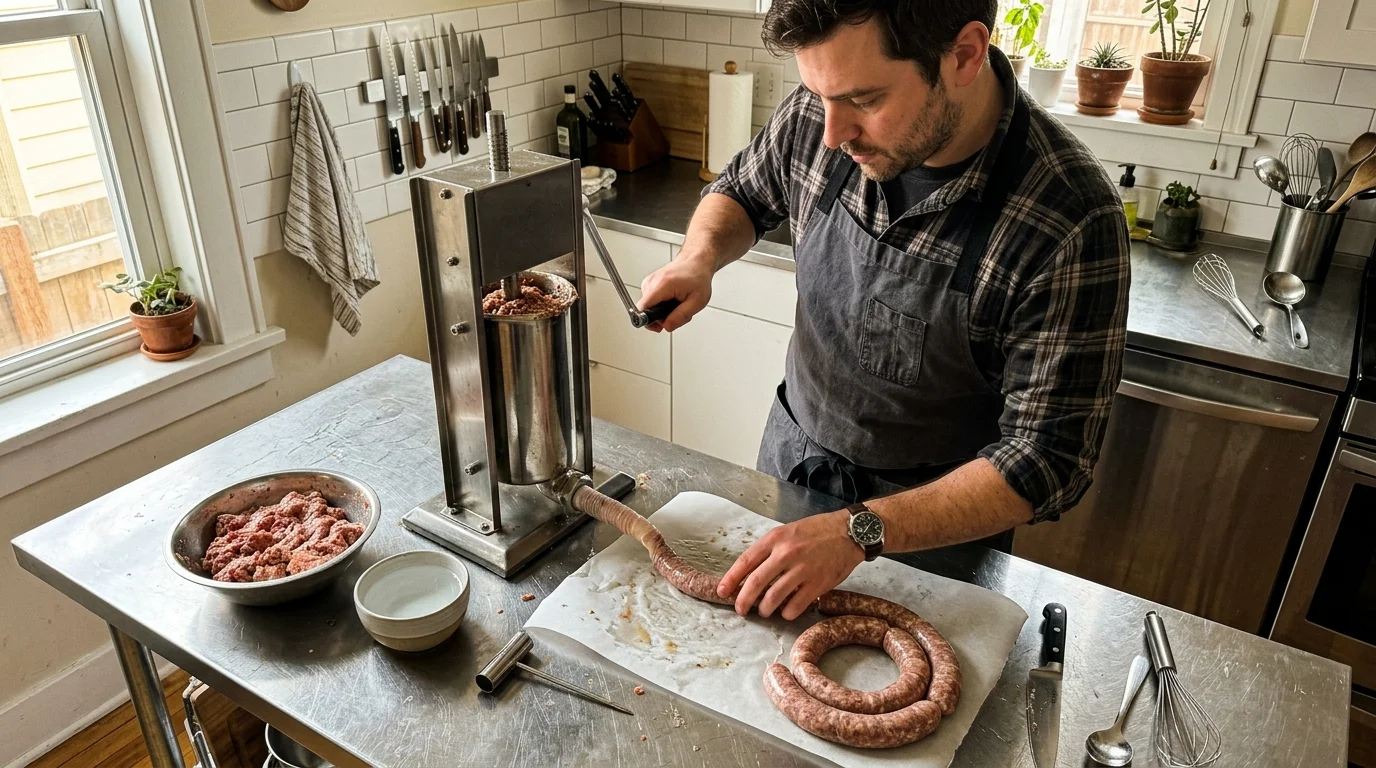A man in an apron cranks a manual vertical sausage stuffer with one hand while guiding filled casing on a metal counter.