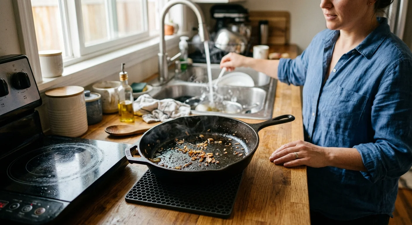 A woman washes dishes at a kitchen sink near a smoking cast iron skillet resting next to a portable induction cooktop.