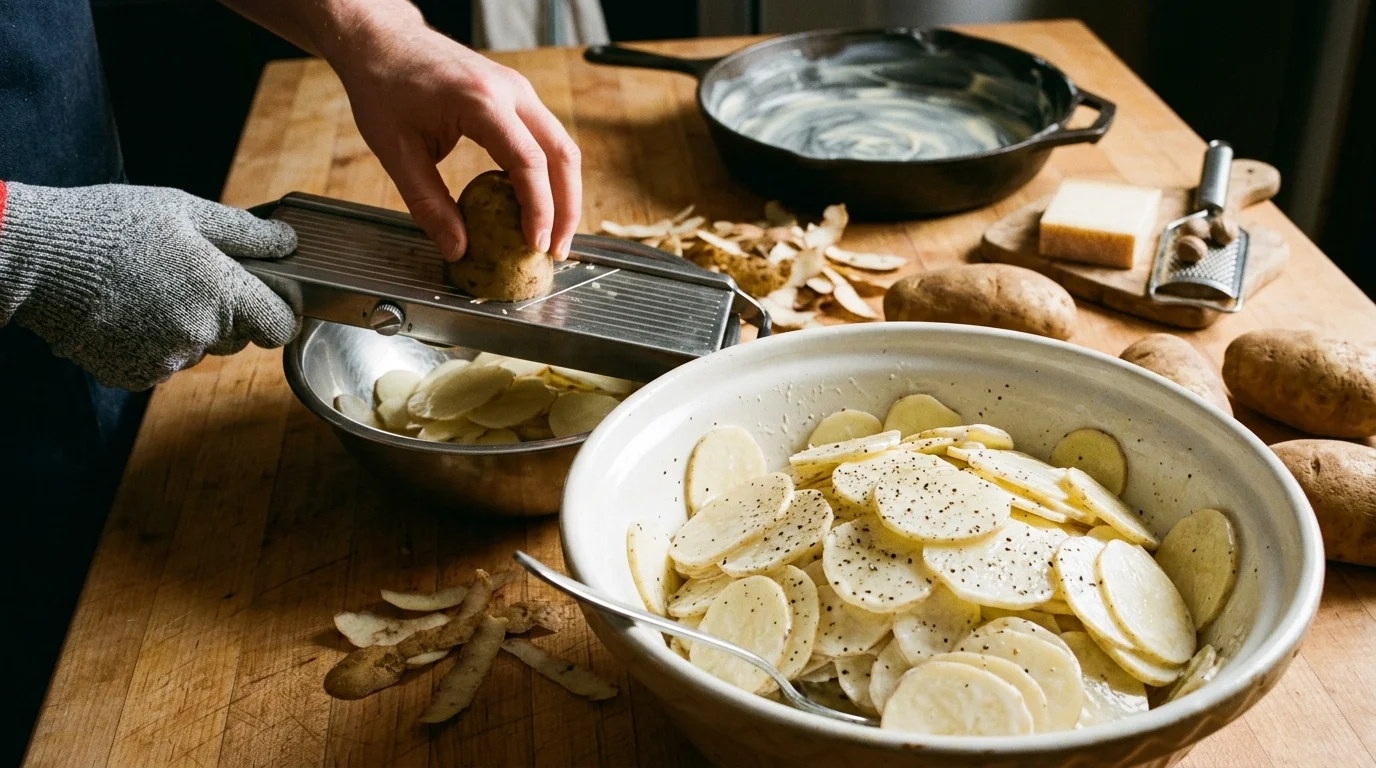 A cook wearing a gray cut-resistant glove slices potatoes on a metal mandoline into bowls on a wooden table.