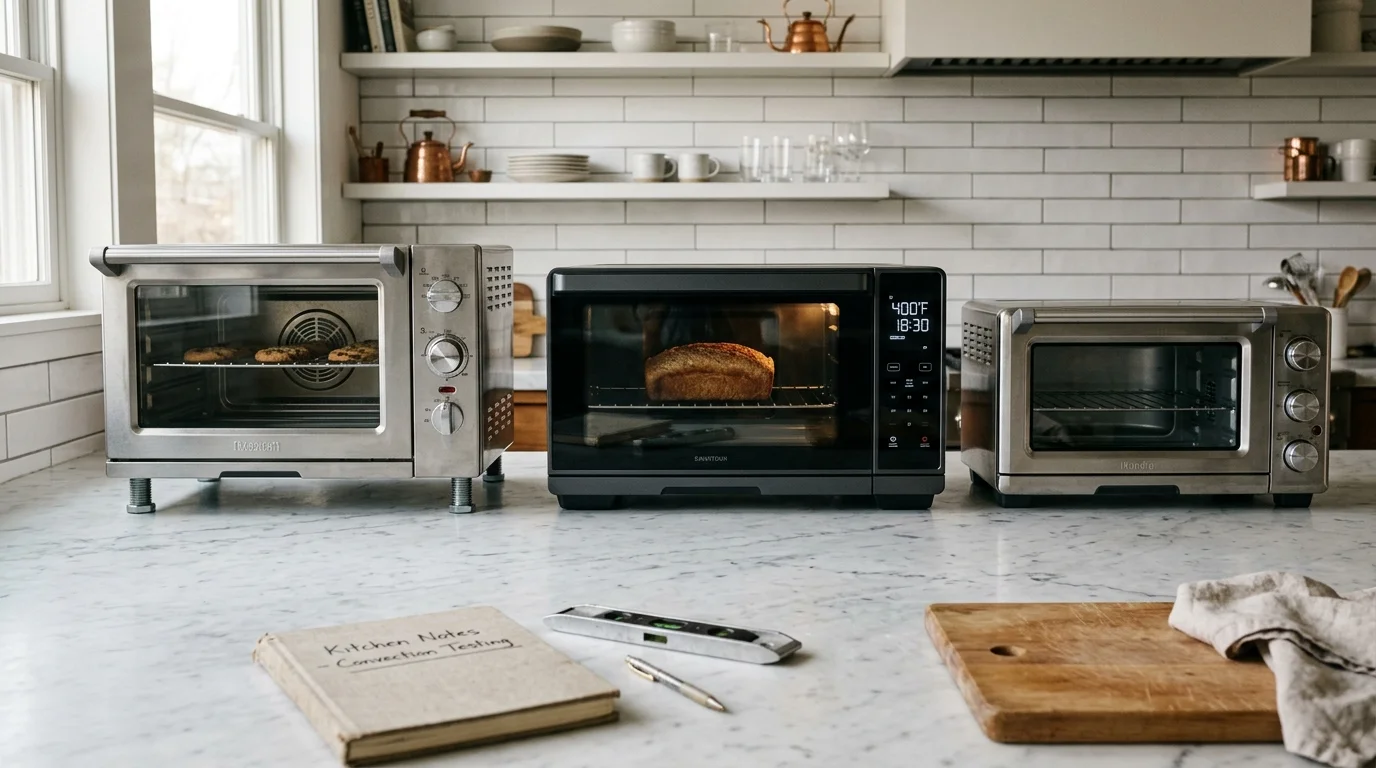 Three countertop ovens side by side on a marble kitchen counter next to a notebook, pen, and small level.