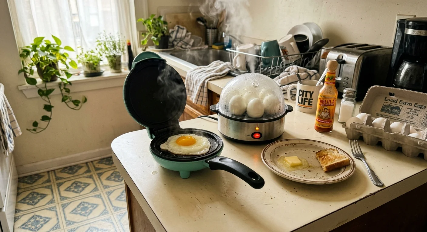 A countertop mini griddle frying an egg beside a steaming electric egg cooker with boiled eggs, toast, and coffee maker.