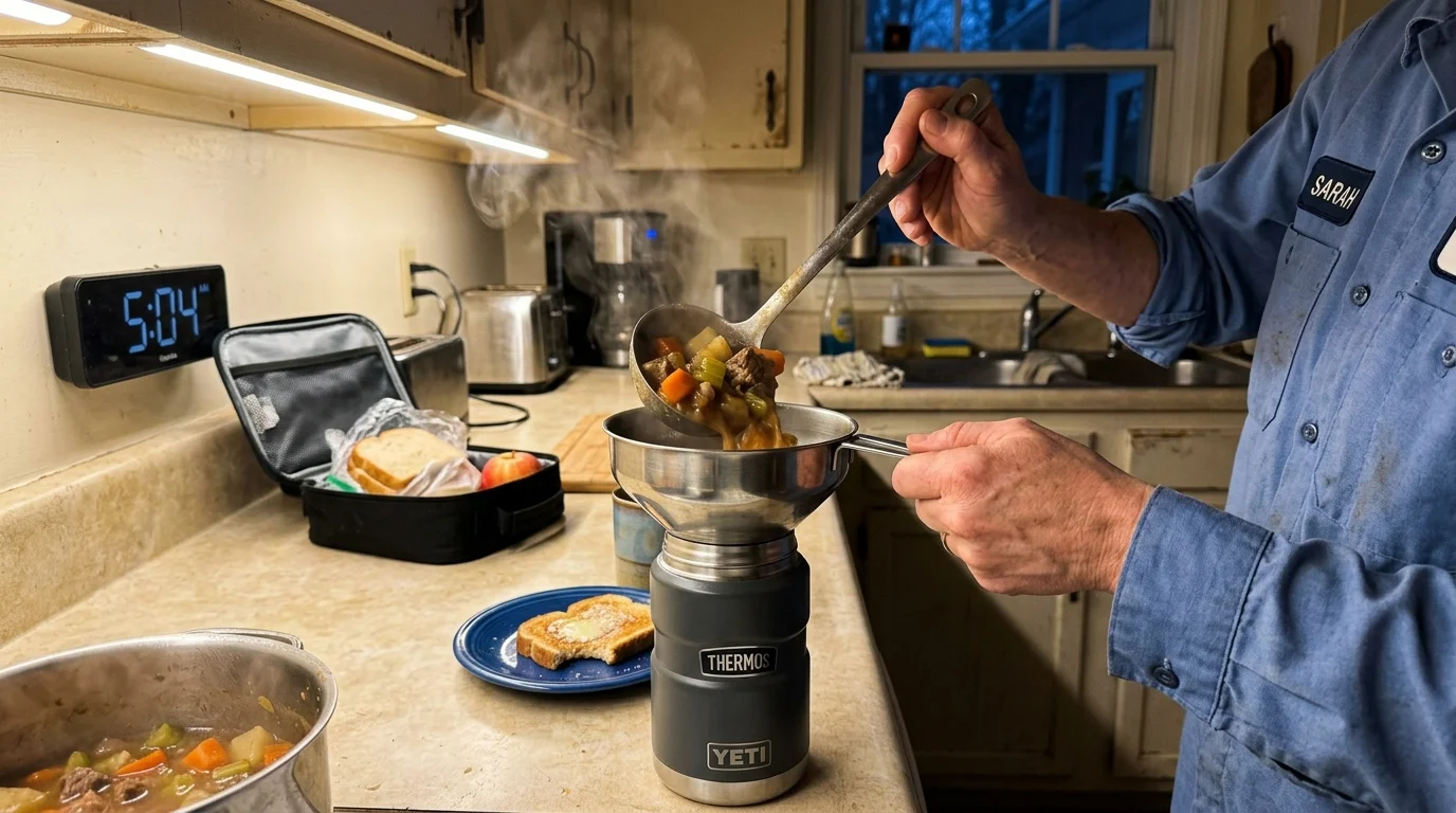 A person in a blue shirt ladles steaming beef and vegetable stew through a metal funnel into an insulated thermos.
