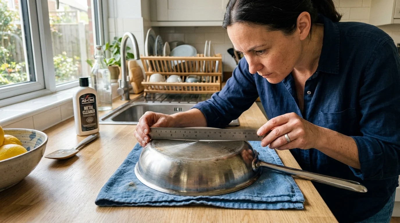 A woman holds a metal ruler flat against the base of an overturned stainless steel pan on a kitchen counter.