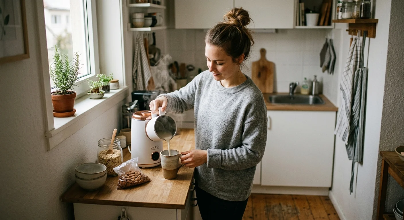 A smiling woman pours freshly steamed nut milk from a compact white countertop maker into a ceramic mug in a small kitchen.