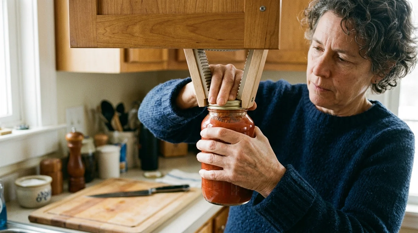 A woman opens a jar of tomato sauce using a V-shaped opener mounted beneath a wooden kitchen cabinet.