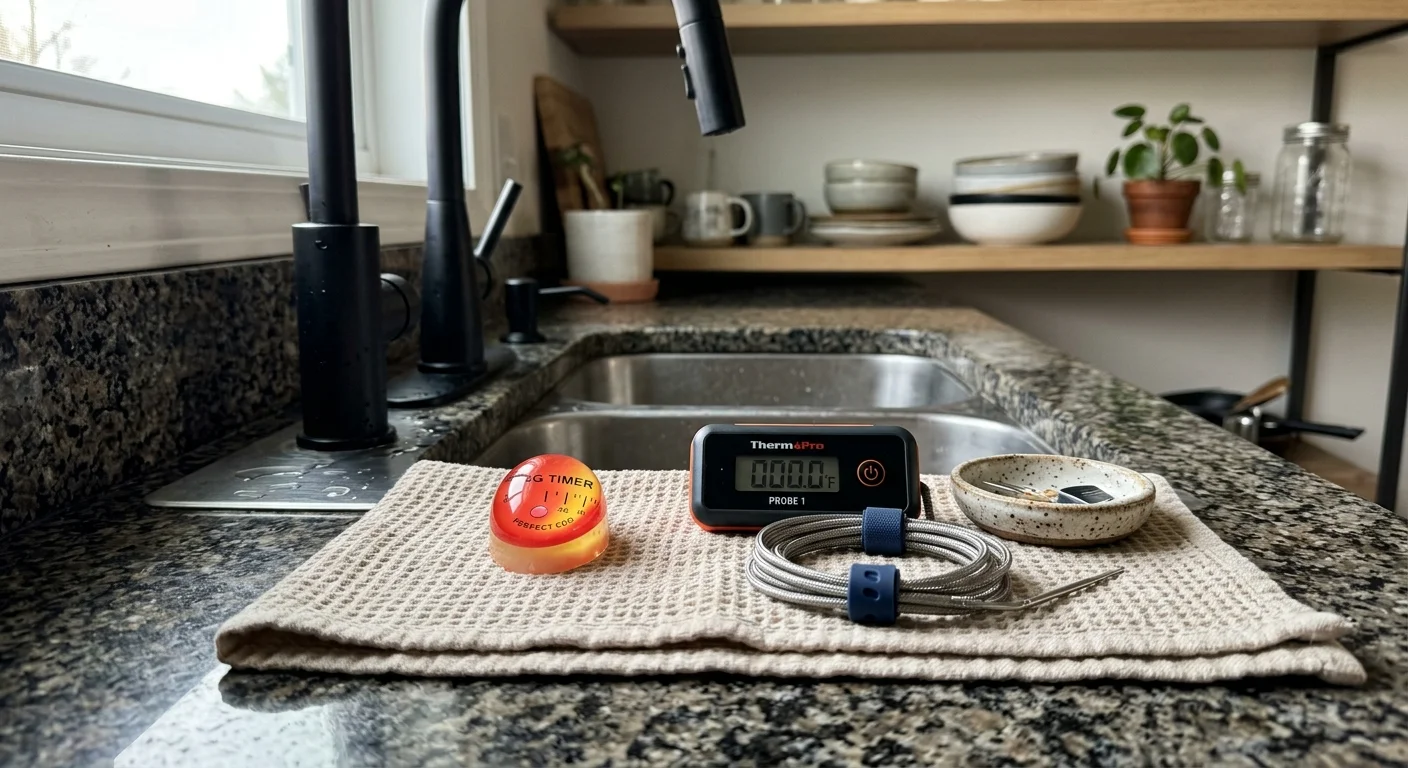 An egg timer, digital probe thermometer, and small ceramic dish rest on a towel beside a granite kitchen sink.