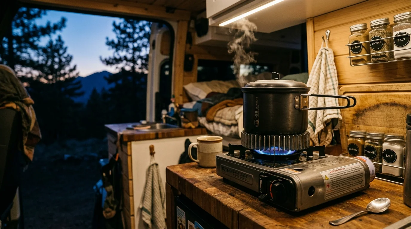 Steaming heat-exchange pot cooking on a portable butane burner inside a camper van overlooking evening mountains.