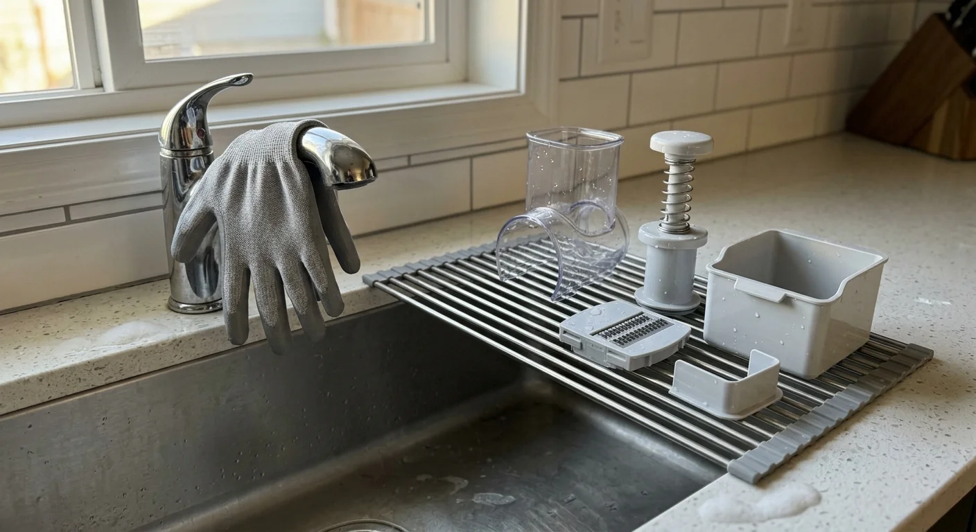 A cut-resistant glove draped over a sink faucet next to disassembled plastic mandoline slicer parts on a drying rack.