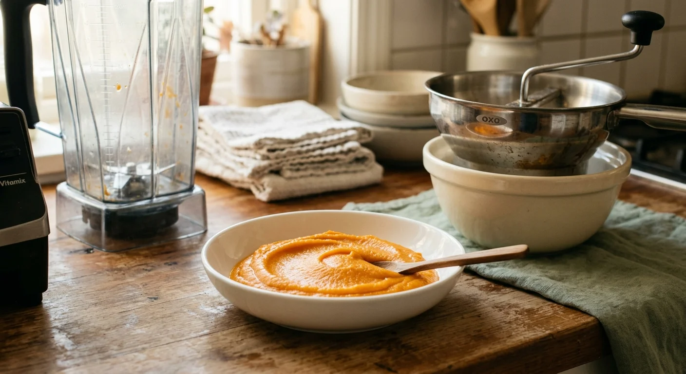 A bowl of orange puree sits between a blender and a stainless steel food mill on a wooden kitchen counter.