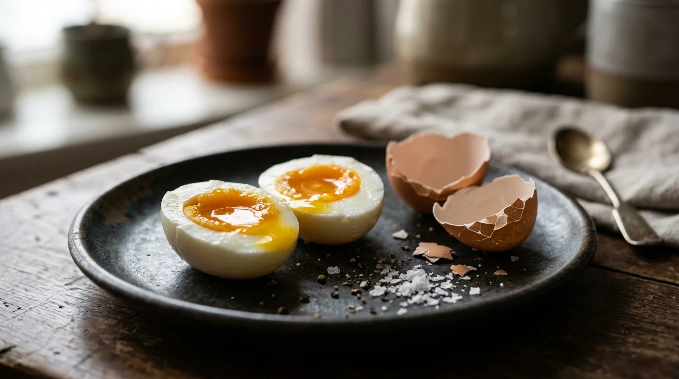 A soft-boiled egg cut in half with a runny jammy yolk, beside cracked eggshells and salt on a dark plate.