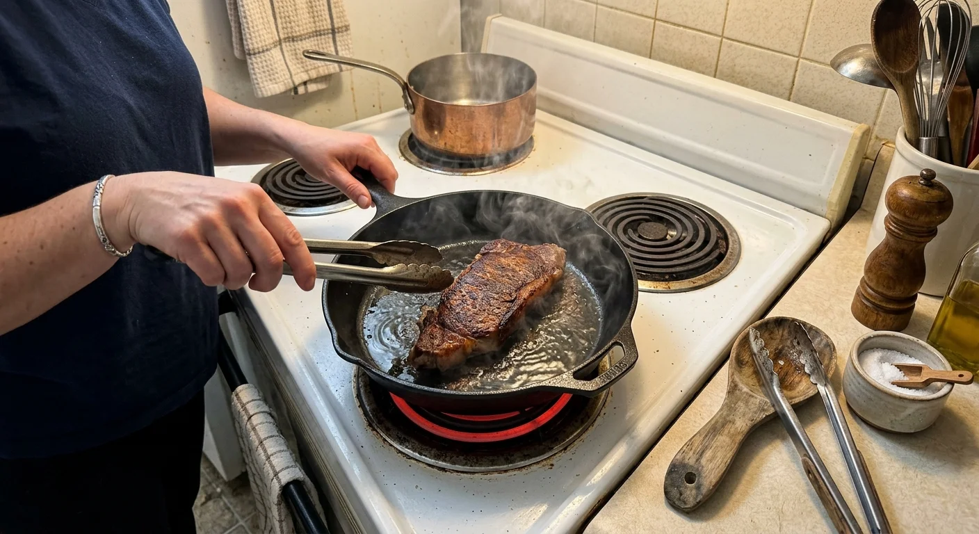 Person using metal tongs to flip a searing steak in a cast-iron skillet on an electric coil stove.