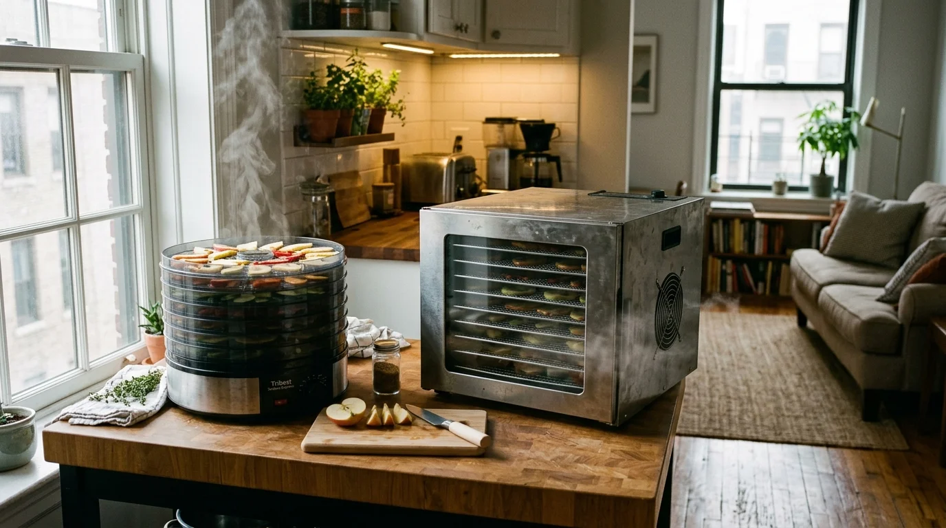 A round vertical food dehydrator venting steam beside a stainless steel dehydrator on a wooden kitchen island.