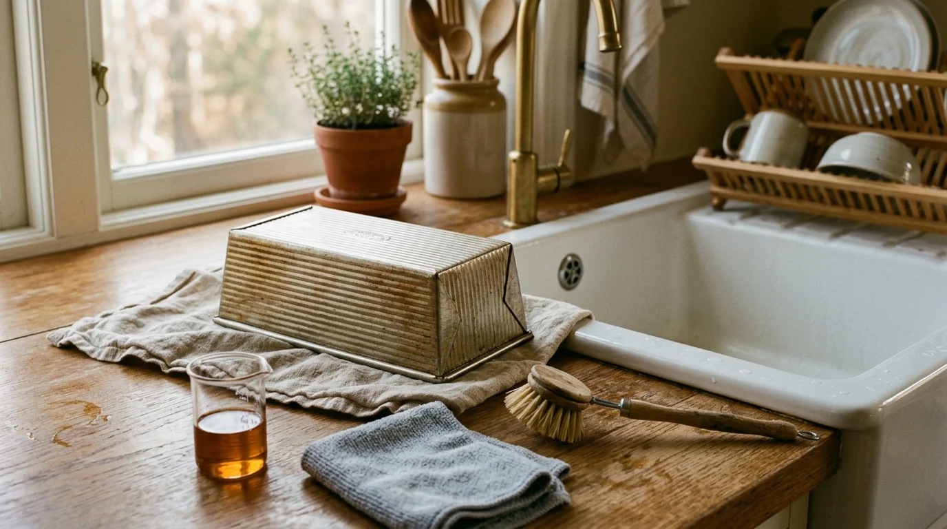 Upside-down corrugated loaf pan resting on a towel beside a white farmhouse sink with a brush and small glass beaker.