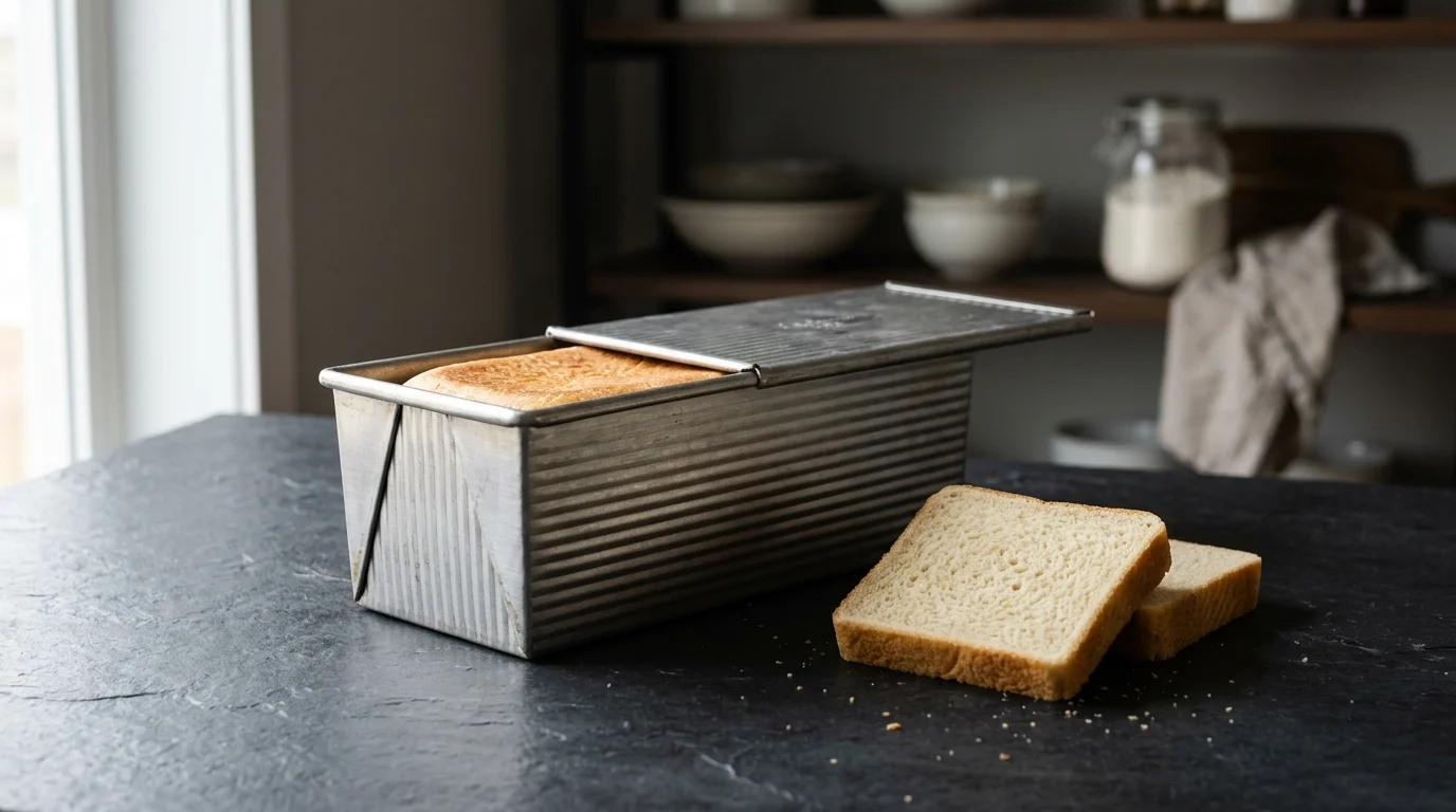 A metal Pullman loaf pan with a sliding lid open, containing baked bread beside two square slices on a dark counter.
