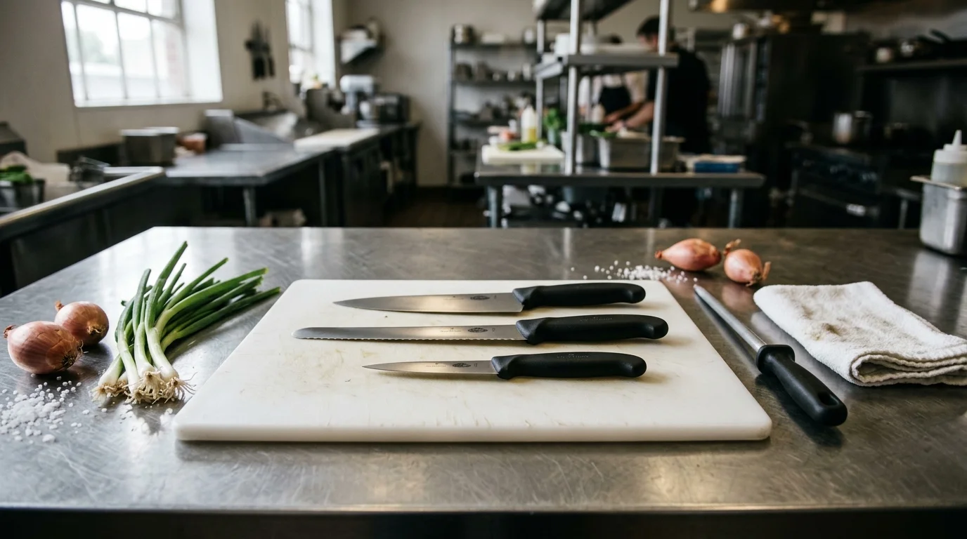 Three kitchen knives on a white cutting board atop a stainless steel counter beside green onions, shallots, and a honing steel.
