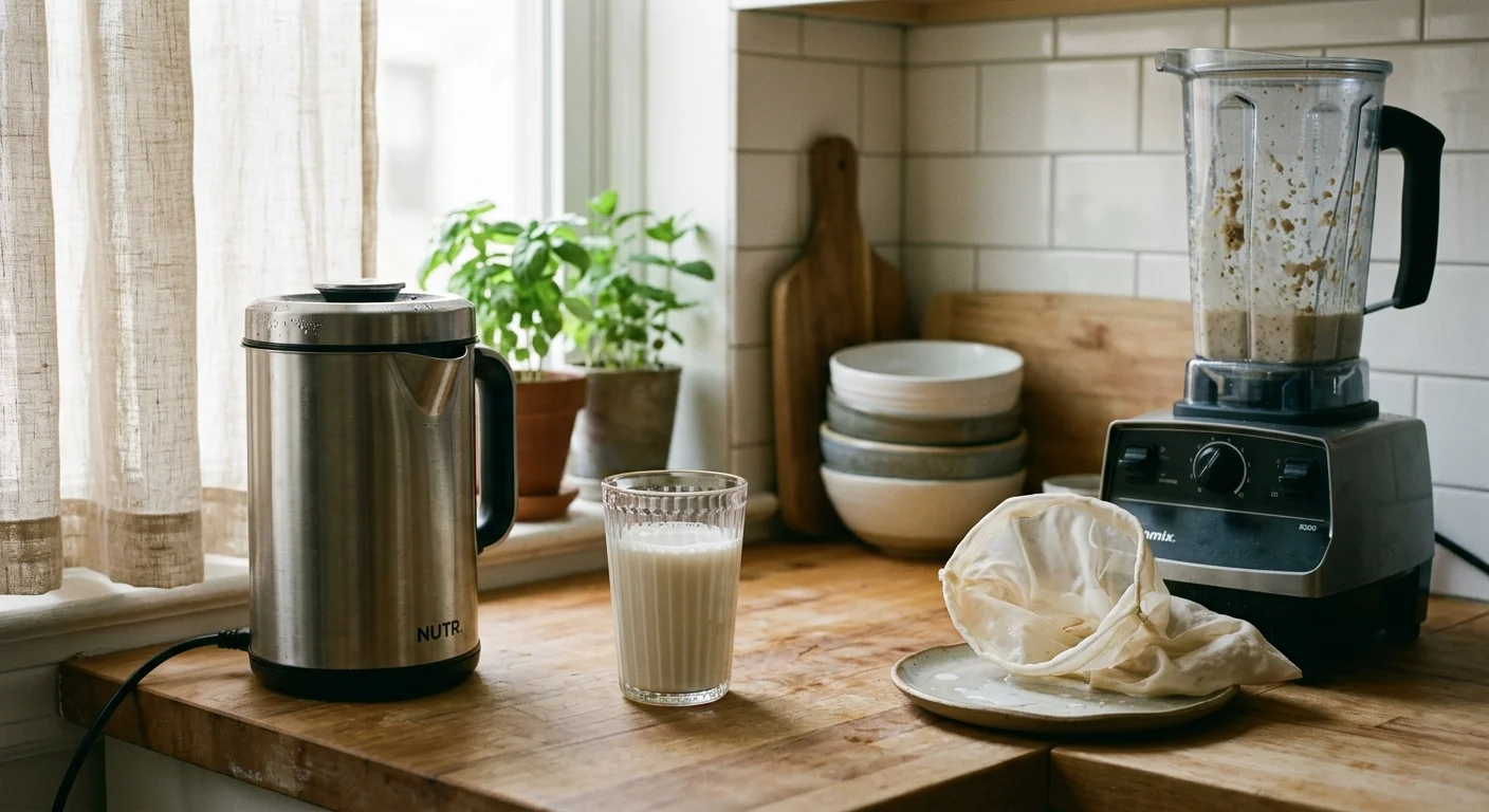 A compact stainless nut milk maker, a glass of milk, a cloth strainer bag, and a blender on a wooden countertop.